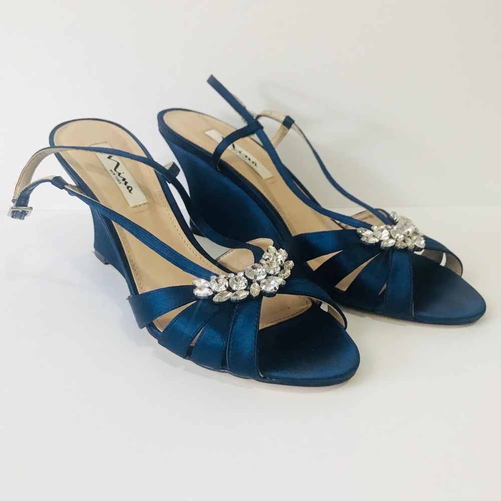 Nina Navy Satin Rhinestone Wedges